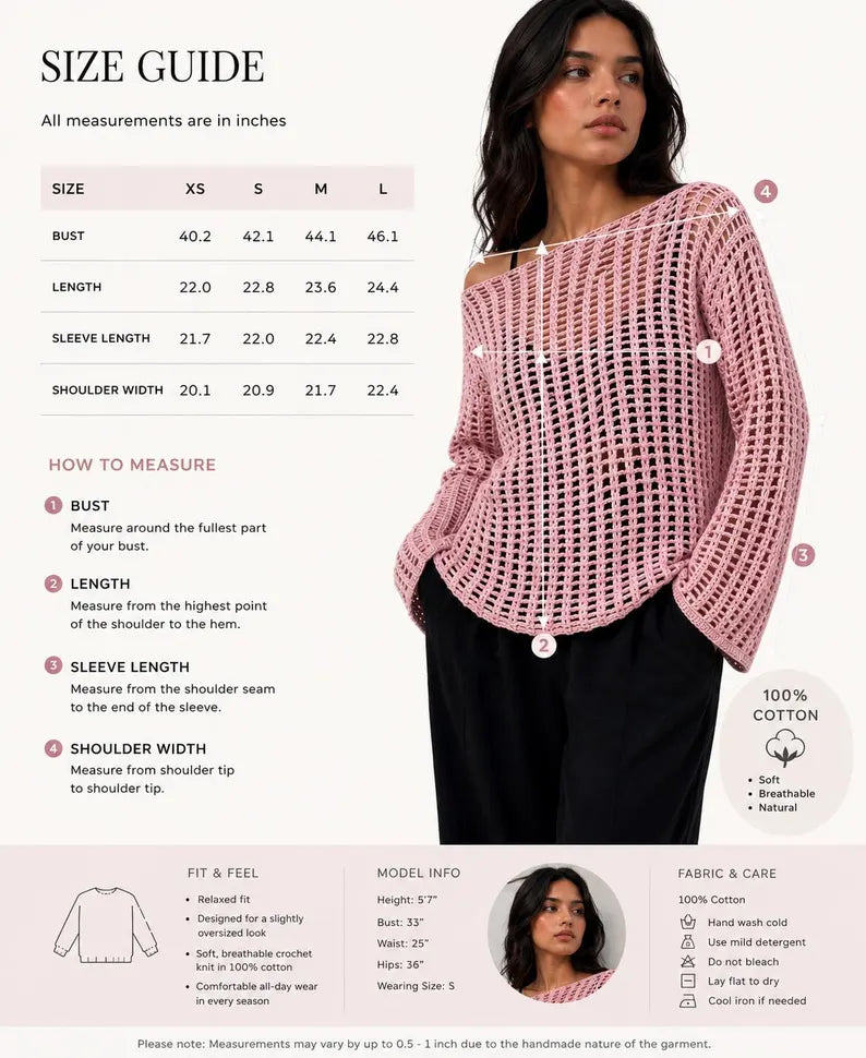 Pull en coton crocheté fait main pour femme – rose