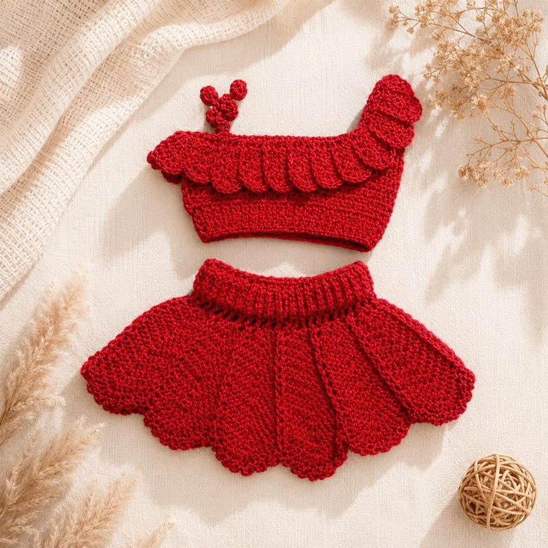 One shoulder crochet top and skirt set