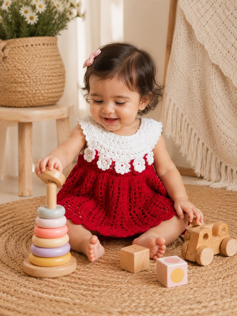 Handmade red wool crochet baby dress with white floral yoke