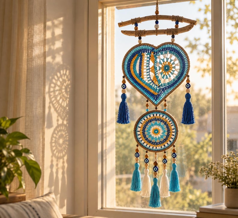 Crochet evil eye wall hanging with tassels