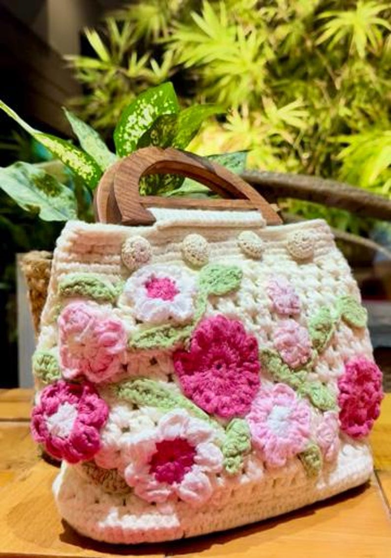 Crochet flower detail on handbag