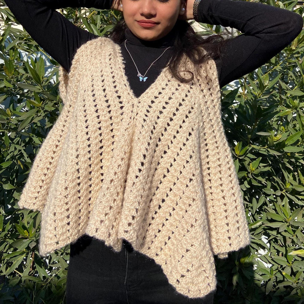 Handmade Crochet Poncho | Cream Boho Shawl, Winter Wrap Cape