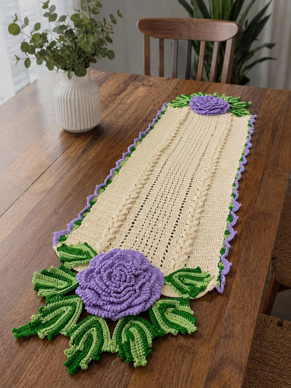 Handmade Crochet Table Runner | 3D Rose Flowers, Cotton, Farmhouse Decor