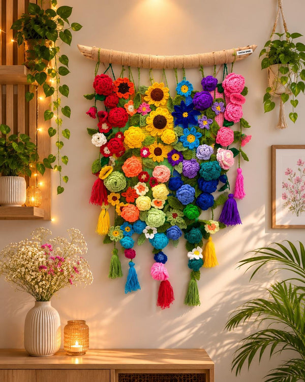 Handmade Crochet Flower Wall Hanging | Colorful Cotton Wall Art | Boho Home Decor