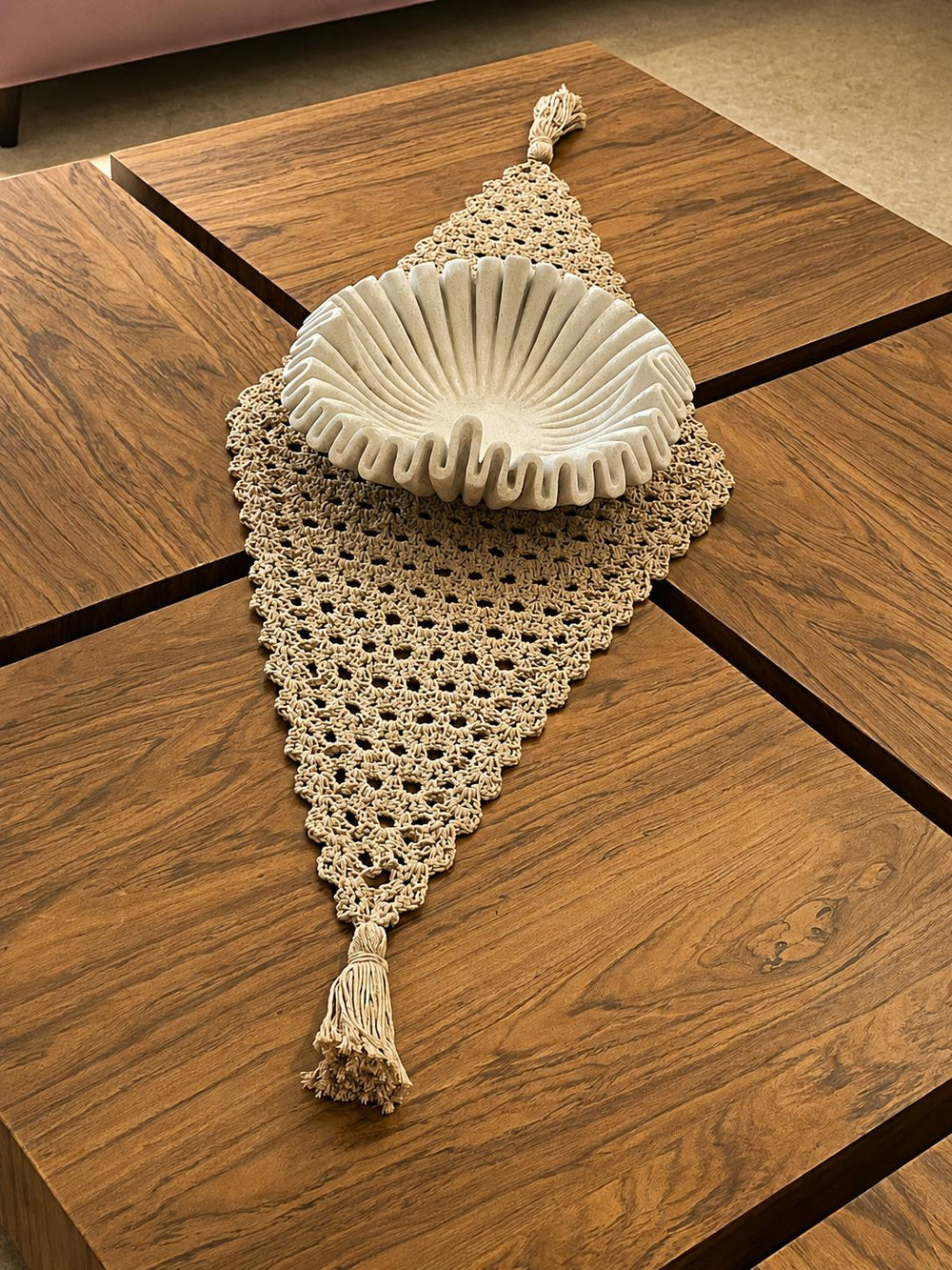Crochet Mantel Runner | Beige Cotton Table Runner | Handmade Boho Living Room Decor