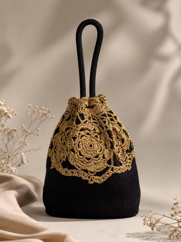 Handmade Crochet Bucket Bag, Black Gold Floral Lace, Boho Drawstring Purse
