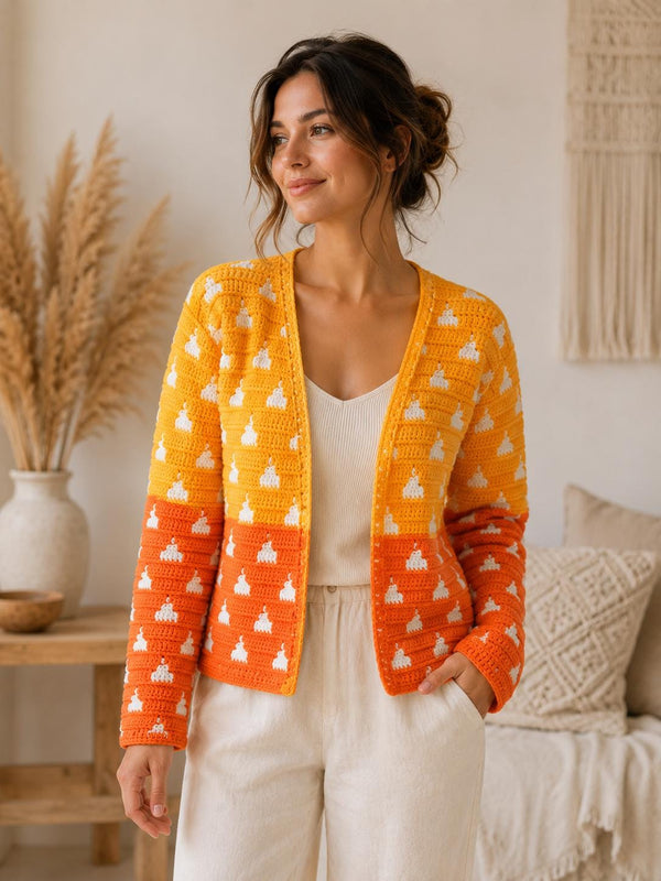 Handmade Crochet Cardigan | Orange Yellow Color Block Sweater, Boho Granny Stitch Layering Jacket