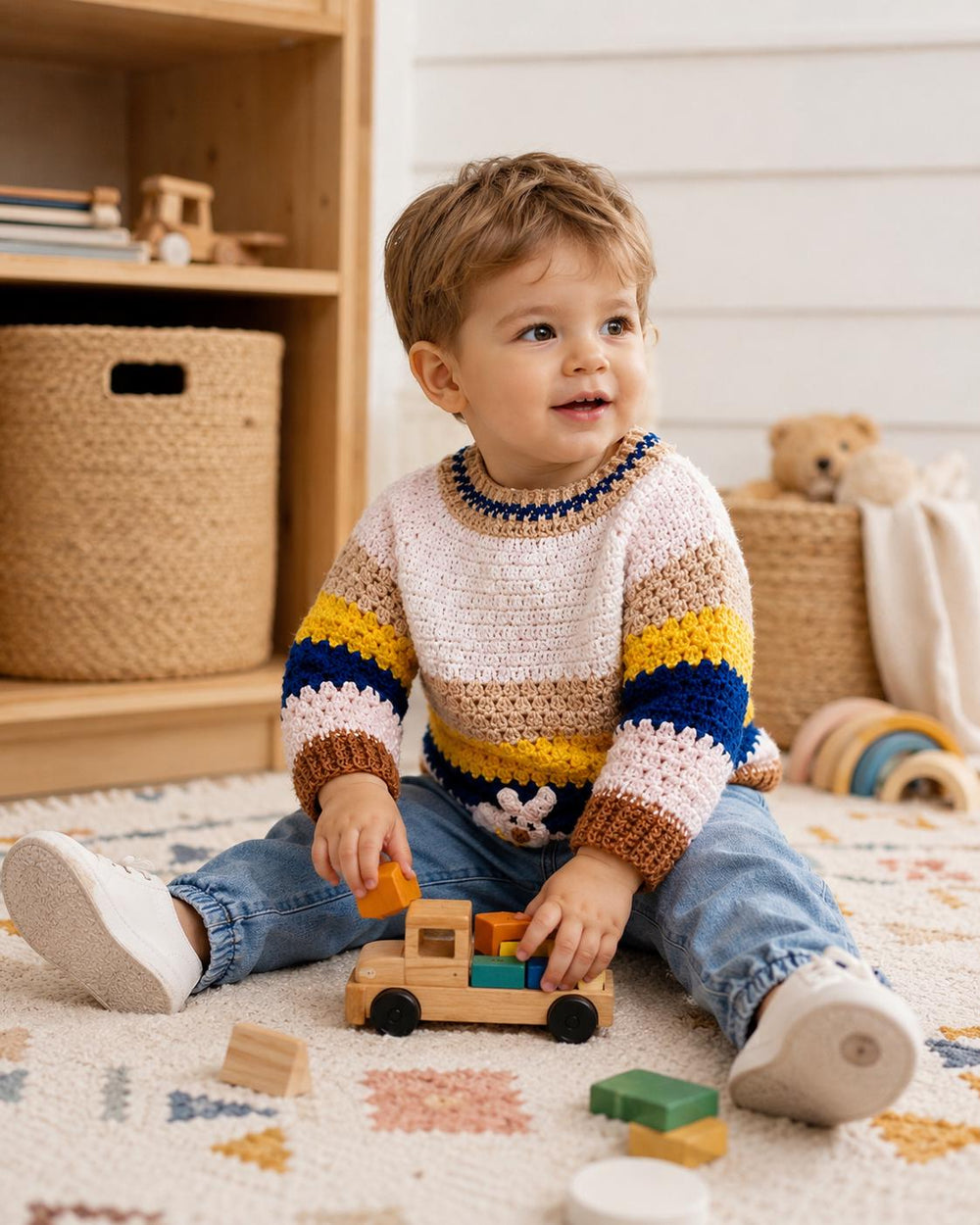 Handmade Wool Baby Sweater, Striped Bunny Applique Pullover, Winter Toddler Jumper