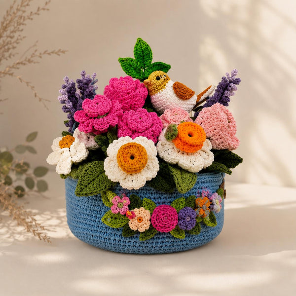 Handmade Crochet Flower Basket with Bird | Cottagecore Floral Centerpiece Home Decor
