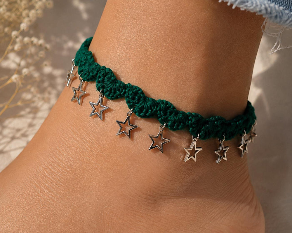 Handmade Crochet Anklet with Star Charms, Boho Beach Jewelry