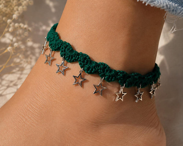 Handmade Crochet Anklet with Star Charms, Boho Beach Jewelry