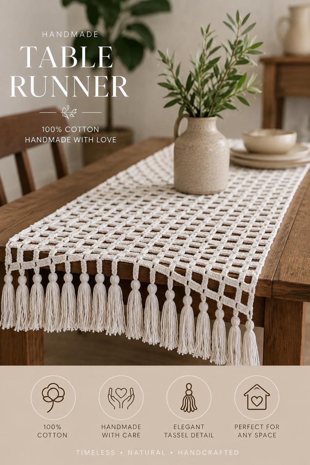 Handmade Crochet Table Runner | Boho Farmhouse Cotton Tassels (1.5 x 5 Ft) | Customisation available