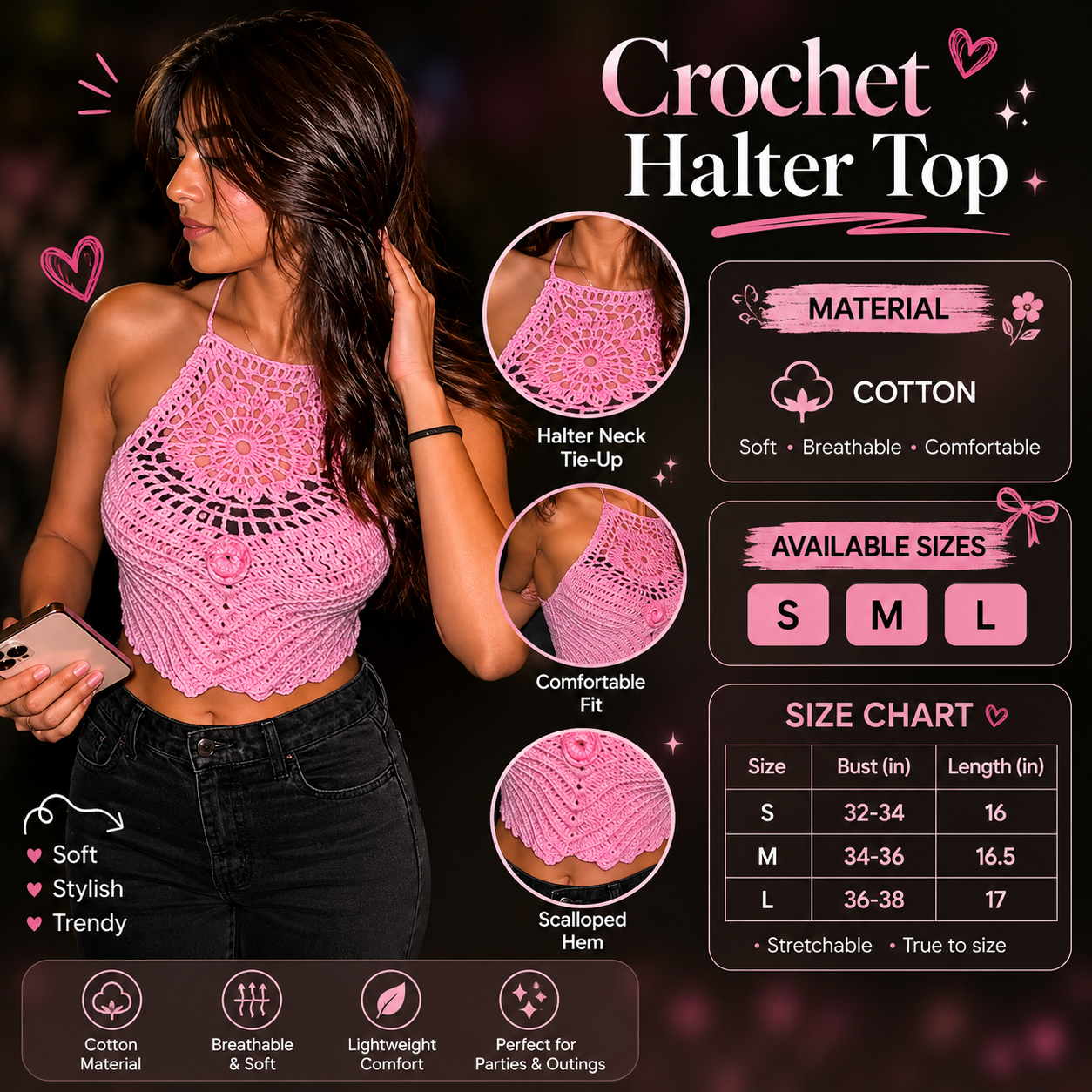 Blossom Dream Halter Neck Handmade Cotton Crochet Bralette for Women | Chutak Binak