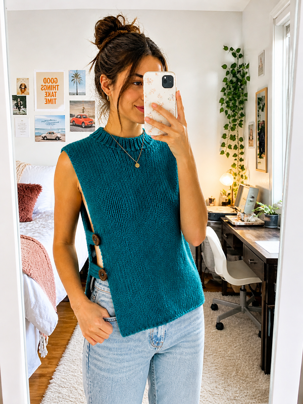 Turquoise Temptation hand knit side-button sweater vest for women front – Chutak Binak